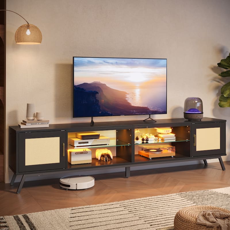 80'' Rattan Black TV Stand for TVs up to 85", Boho LED TV Console with Adjustable Shelves and doors - Black