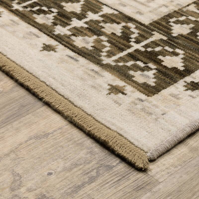 Adelaide Global Bordered Beige/ Brown Wool Blend Area Rug_