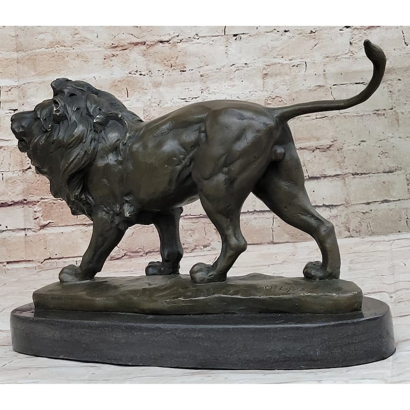 Signed African Male Imitative Lion King Of Jungle On Prowl Bronze Sculpture Art Deco Decor
