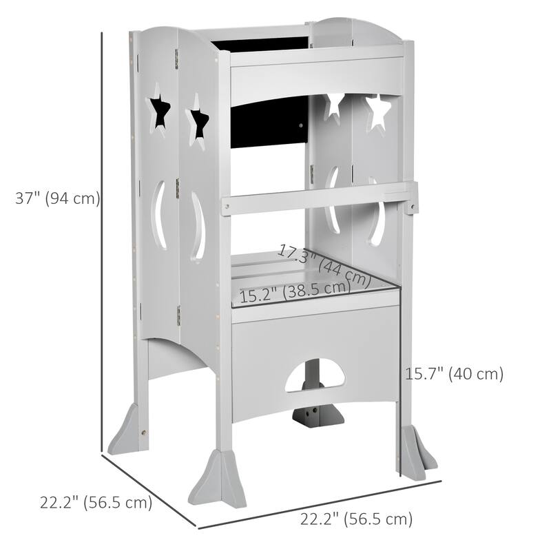 Qaba Kids Kitchen Foldable Step Stool Toddler Kitchen Stool w/ Chalkboard Lockable Handrail for 3-6 Years
