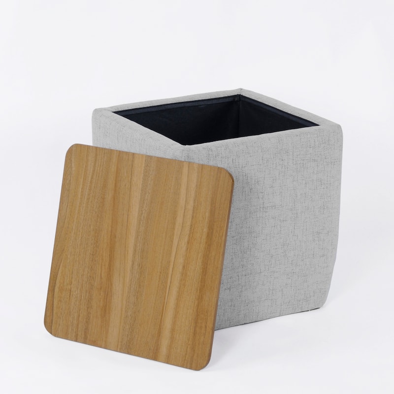 Mody Storage Ottoman, Gray Upholstery, 19 Inch Brown Wood Lift Top
