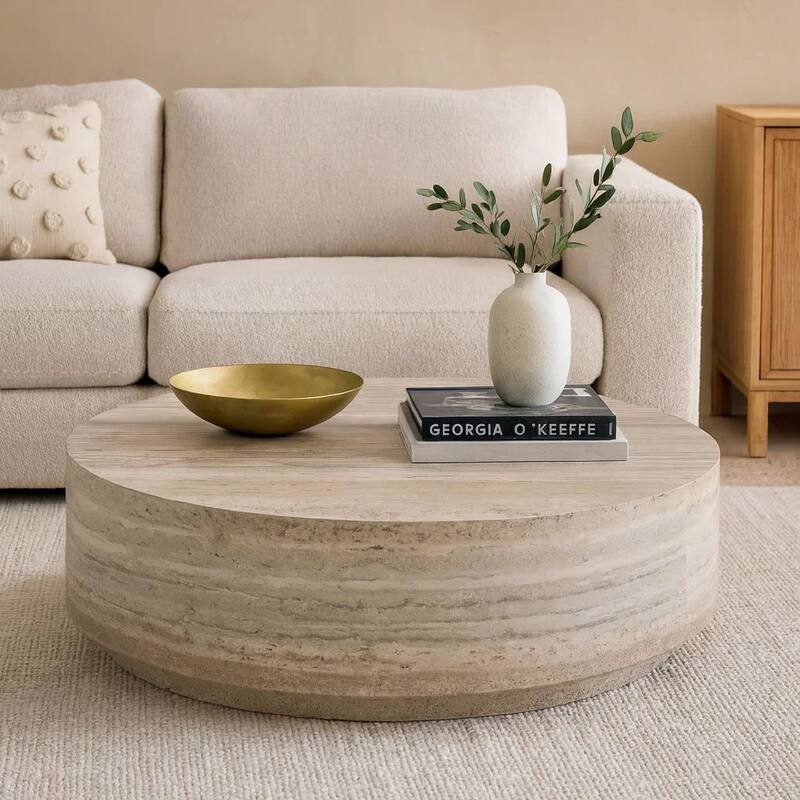 Lia 39 Inch Coffee Table, Round Travertine Stone Finish Laminated Top
