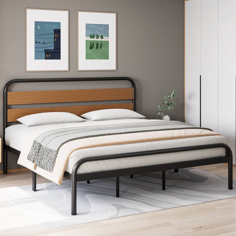 Platform Bed Frame with Wood Headboard, Heavy Duty Metal Slat Support, Noise Free Design