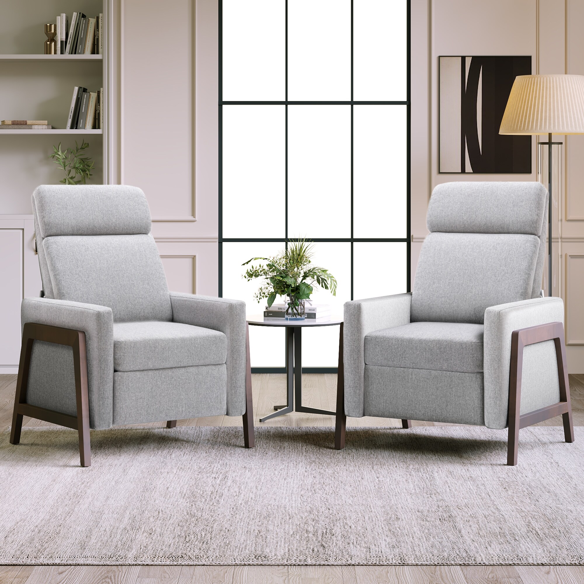 Set of 2 Wood Framed Adjustable Upholstered Recliner Chair Bed