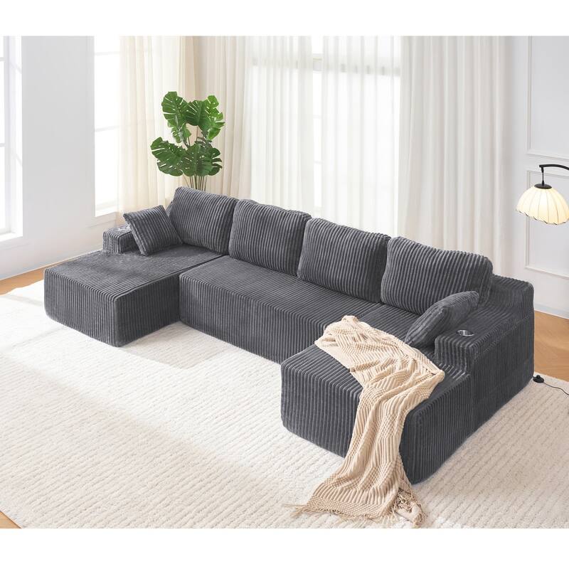 130" U-Shaped Corduroy Sectional Sofa with Cup Holders, No Assembly Required