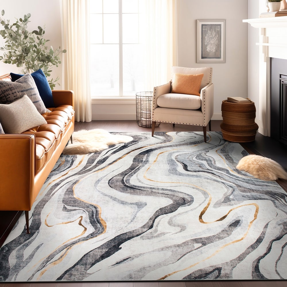 World Rug Gallery Contemporary Marble Washable Non-Slip Area Rug