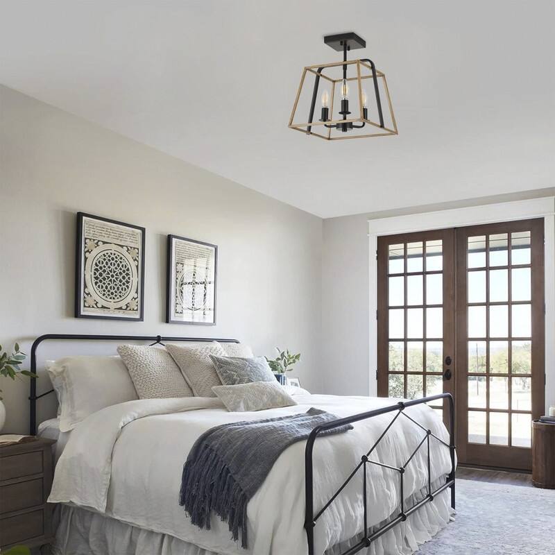 Farmhouse Semi Flush Mount Ceiling Light Rustic Black and Grey Wood 3 Light Iron Fixture