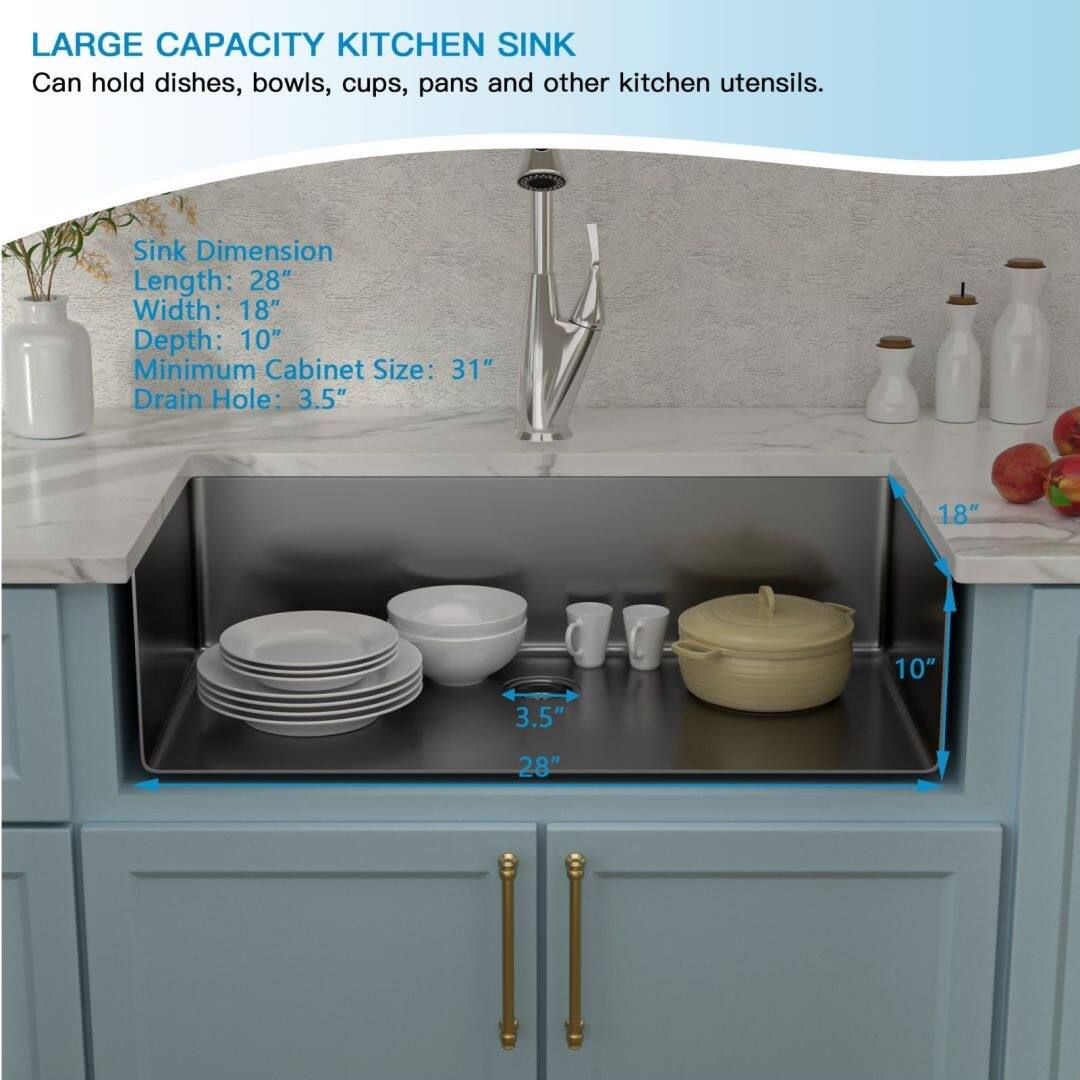 Lordear 28 inch Undermount Kitchen Sink Gunmetal Black Stainless Steel