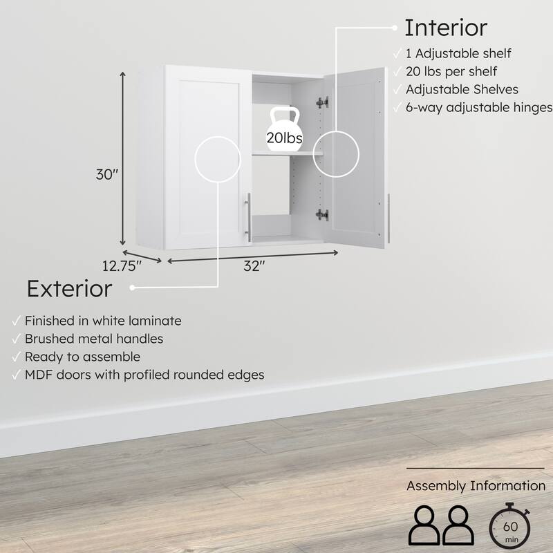 Prepac Elite Wall Cabinet with Panel Doors 12.75" D x 32" W x 30" H - 32 in W x 30 in H x 12.75 in D