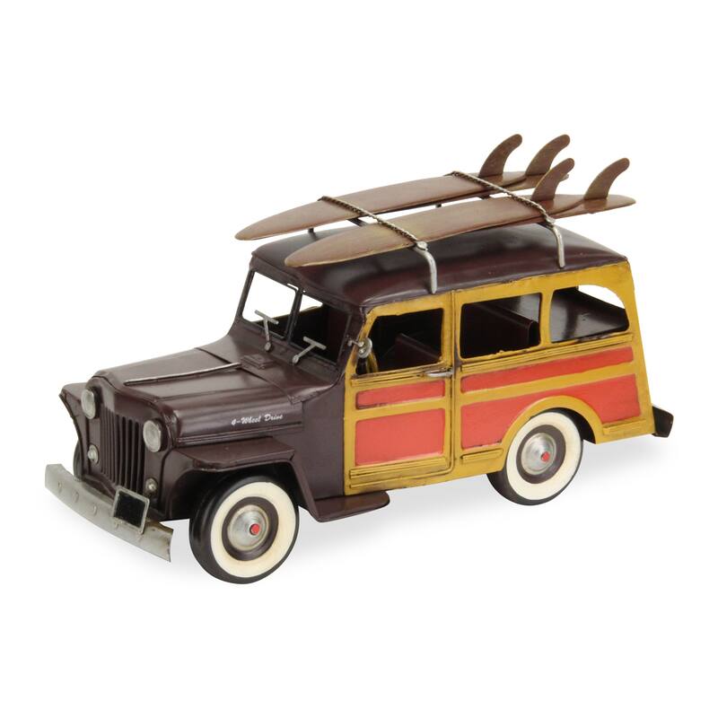 HomeRoots 8" Yellow and Brown Metal Hand Painted 1948 Brown Woody Model Car - 6.5' X '7.5' X '13