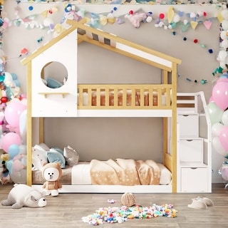 Stairway Twin-Over-Twin Bunk Bed,House Bed with Window and Shelf