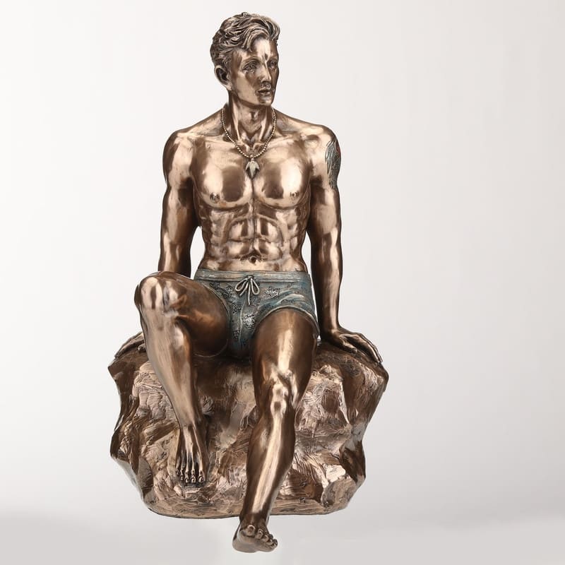 8.46 inches Height Cold Cast Bronze Tattooed Male Sitting on Rock Beach Pinup Bronze Finish Figurine