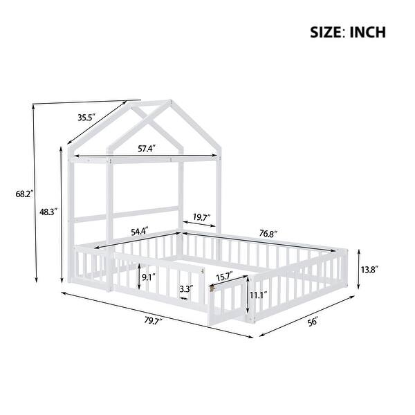 dimension image slide 2 of 3, Full Size Wooden Floor Bed with Fence and Detachable Headboard for Kids