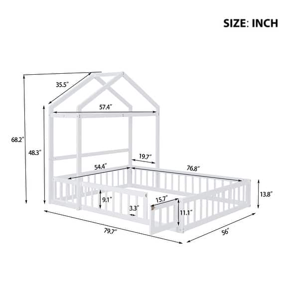 dimension image slide 3 of 6, Wooden Floor Bed wFence Railings and Detachable House Shape Headboard Platform Bed, Kids Montessori Style Playhouse Frame Bed