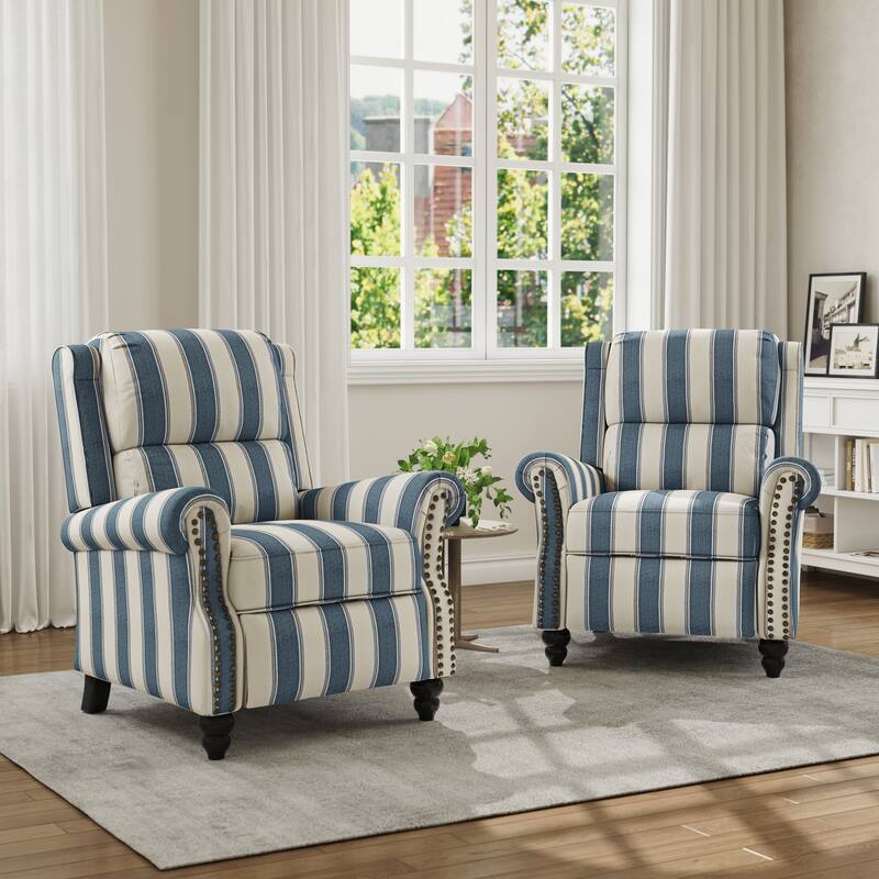 Mid-Century Nailhead PU Leather Linen Recliner - 2 SET/Navy Blue/Linen