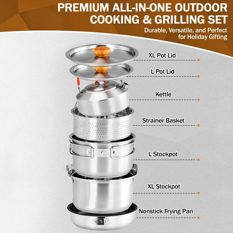 6-Piece Stainless Steel Camping Cookware Set With Kettle And Storage Bag - N/A