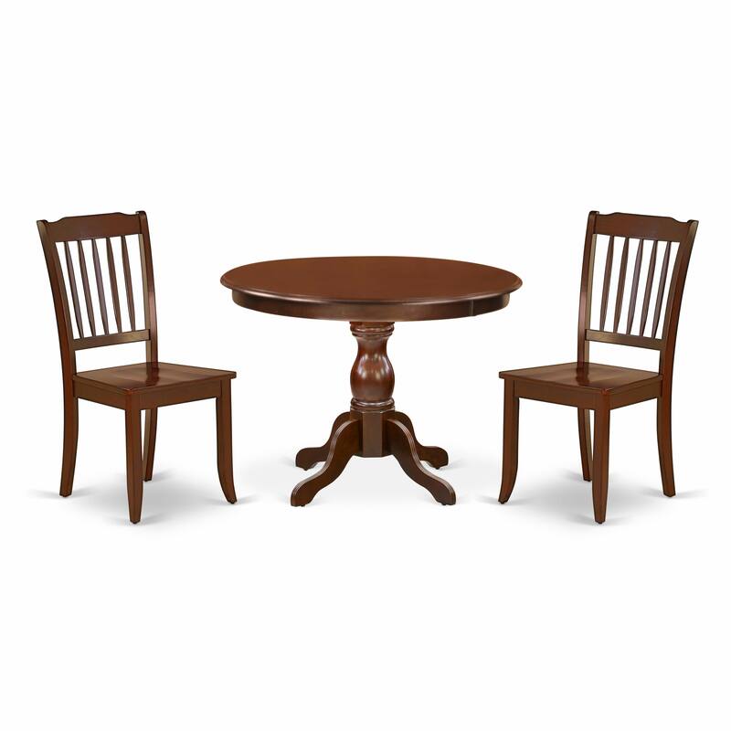 East West Furniture 3 Piece Modern Dining Table Set- a Round Table and 2 Dining Chairs, (Finish & Seat Options)
