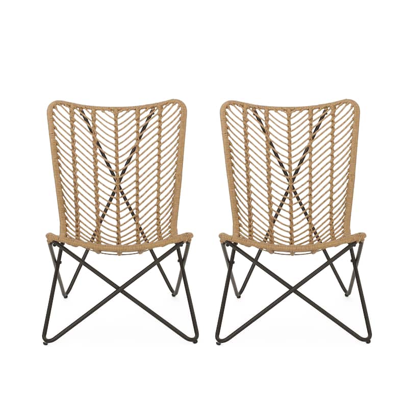 Roomfitters Outdoor Woven Accent Chair with Black Metal Frame, Patio Lounge Chair for Garden or Balcony, Light Brown