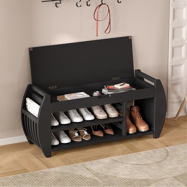 Retro Wood Storage Bench with Seat Cushion, Curved Shoe Rack for