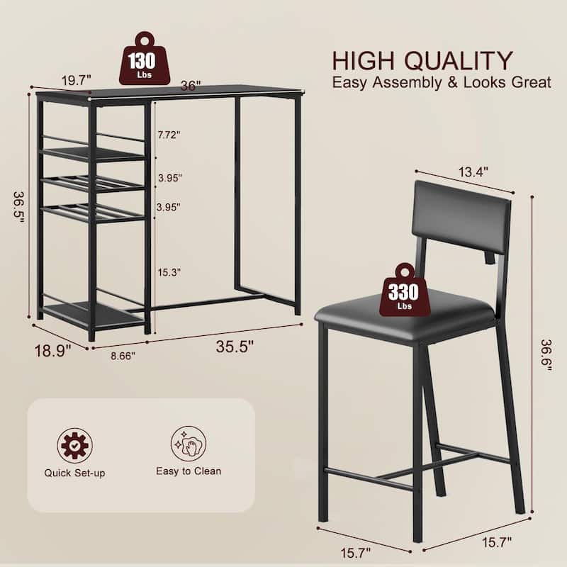 Dining Room Table with 2 Upholstered Chairs, Bistro Table and Chairs Set of 2 with Storage Shelves