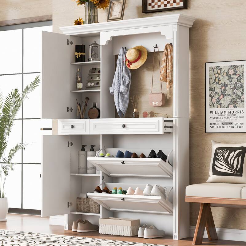 54 Inch Shoe Storage Cabinet with Mirror, Entryway Cabinet with 2 Flip Drawers and 4 Hooks
