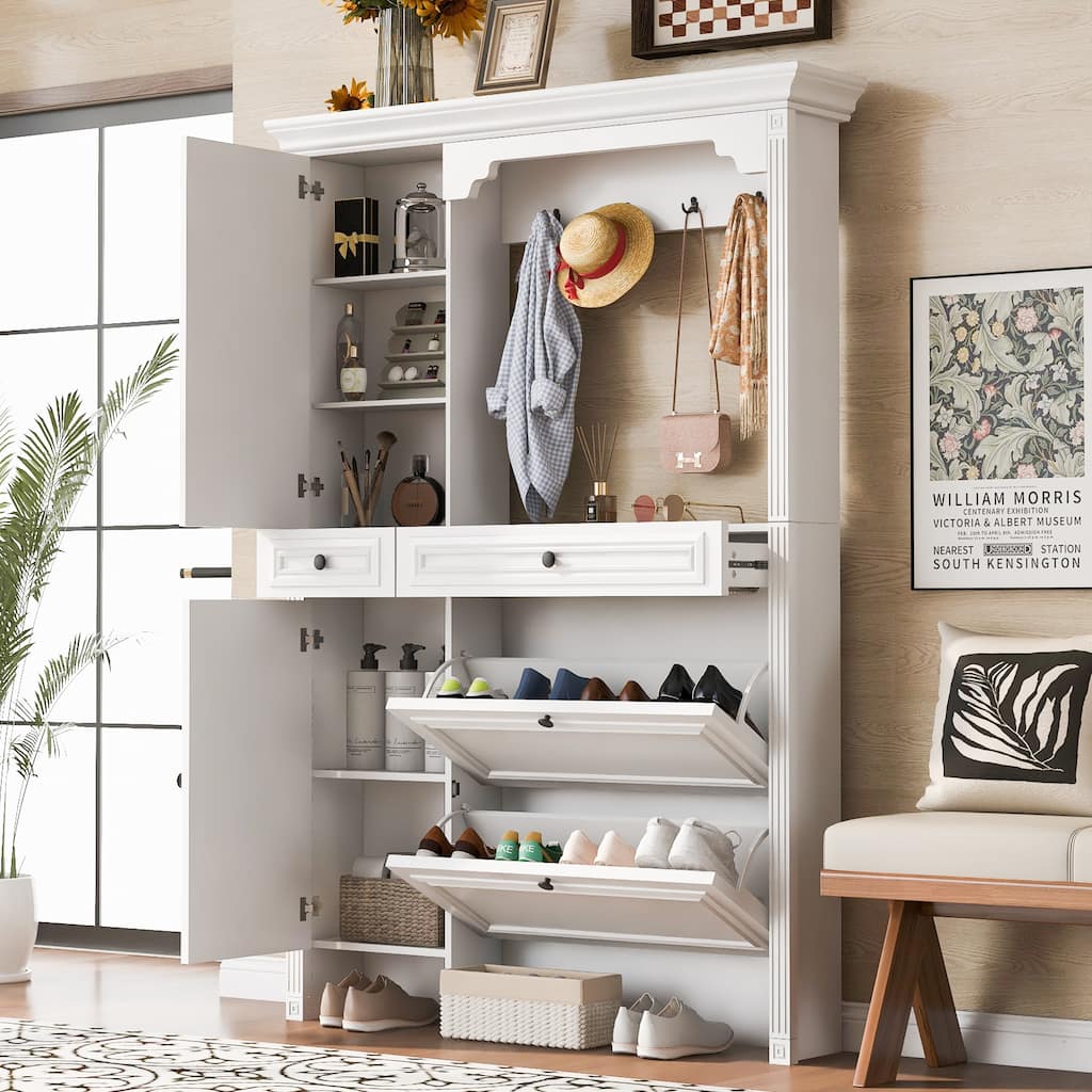 Anmytek White 54.7'' Hall Tree with Integrated Shoe Cabinet and Mirrored Cabinet Door