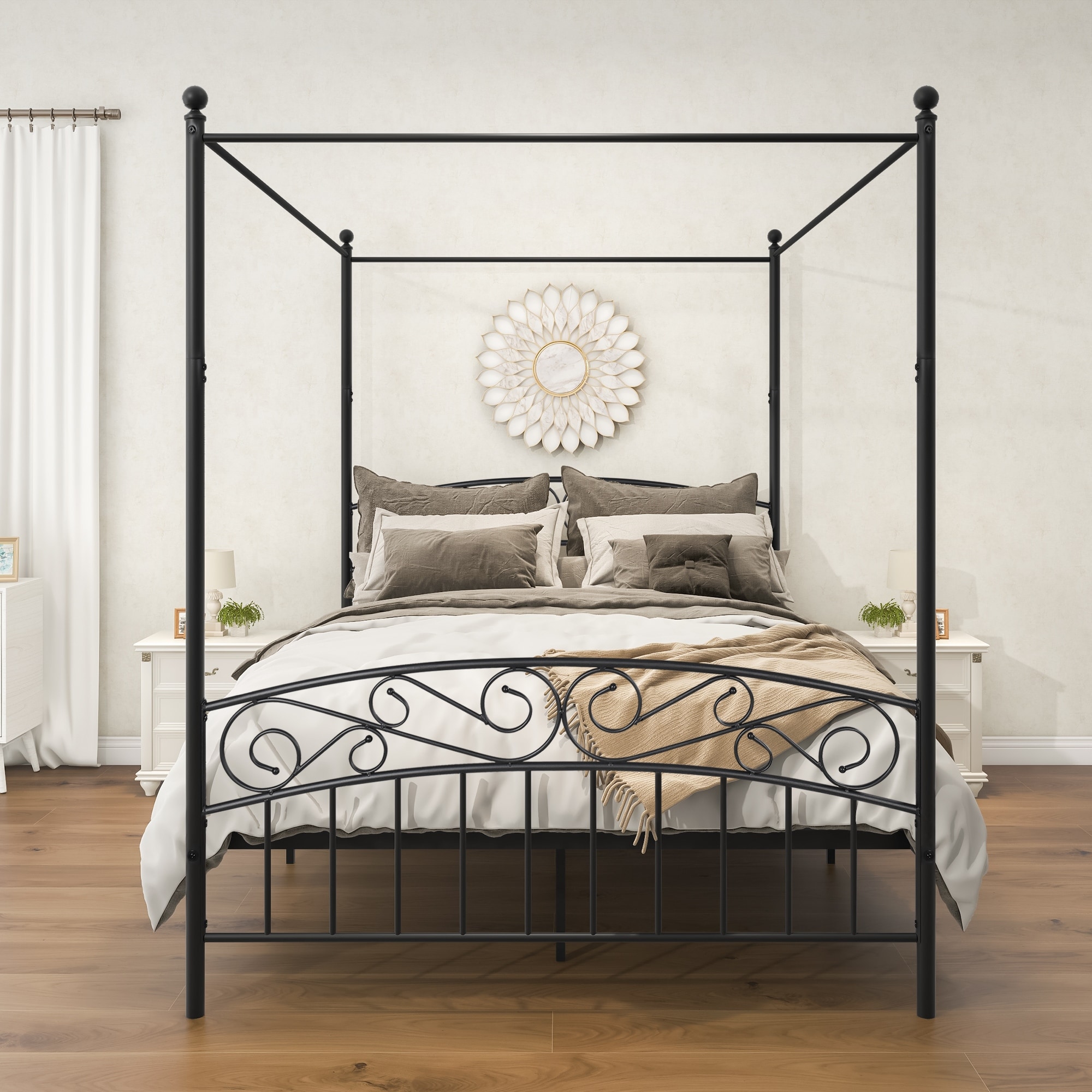 Vintage Black Queen Size Metal Canopy Bed Frame - Sturdy Platform, Under-Bed Storage, Vintage Headboard and Footboard