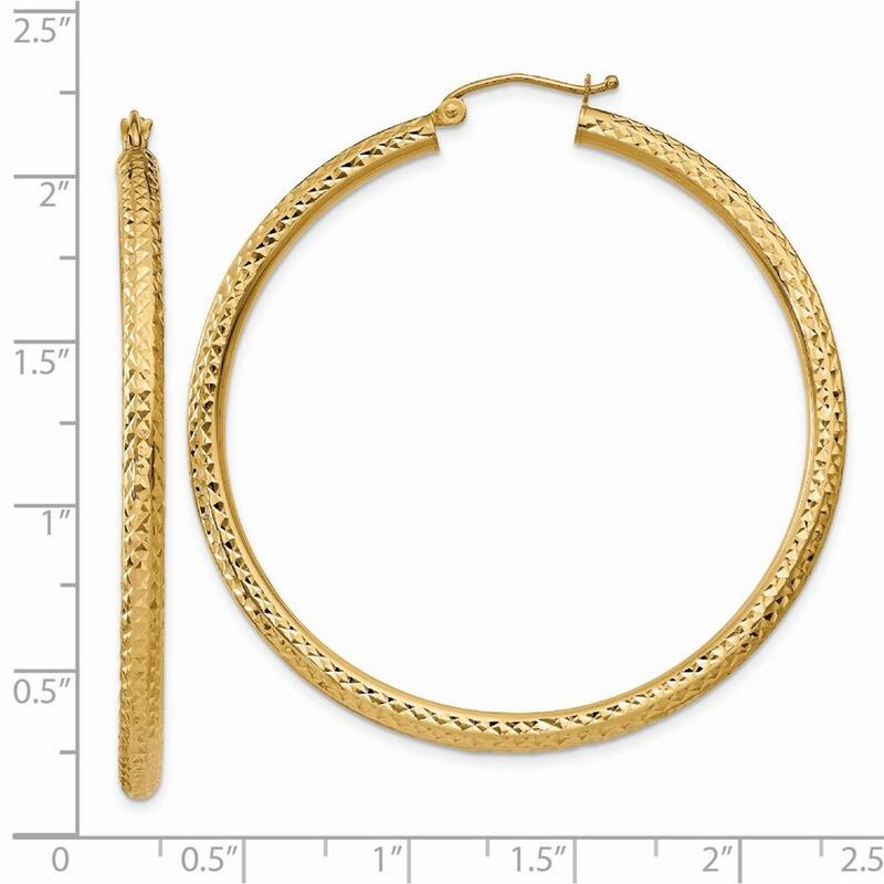 Curata 14k Yellow Gold Diamond-Cut 3x50mm Round Classic Hoop Earrings