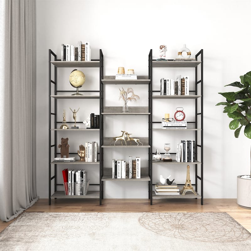 Triple Wide 5-shelf Bookshelves Industrial Retro Wooden Style Open Bookshelves - Grey