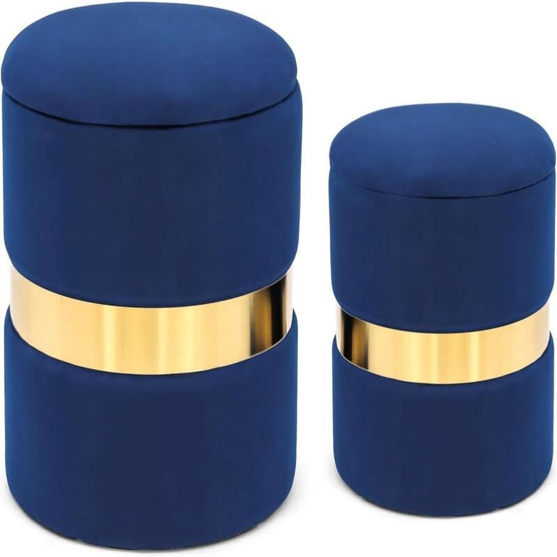 Round Velvet Storage Ottoman Set of 2 - Blue