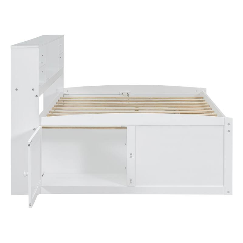 Full Size Wood Daybed with 2 Bedside Cabinets, Upper Shelves and 4 Drawers, White