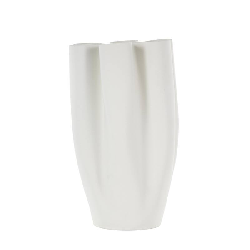 Ceramic Abstract Ribbed Dimensional Folded Decorative Vase with Floral Shaped Rim - White - Roche River Decor