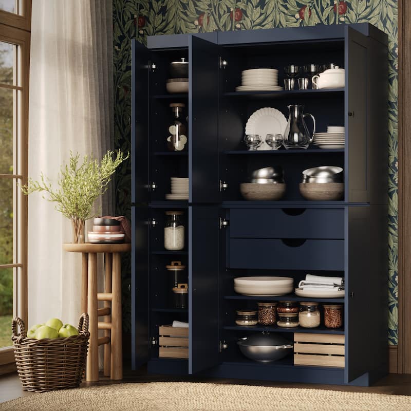 Palace Imports 100% Solid Wood Pantry Cabinet, Shaker Doors, 2 Drawers, Adjustable Shelves, 48.5" Wide, 71.5" Tall - Antique Blue