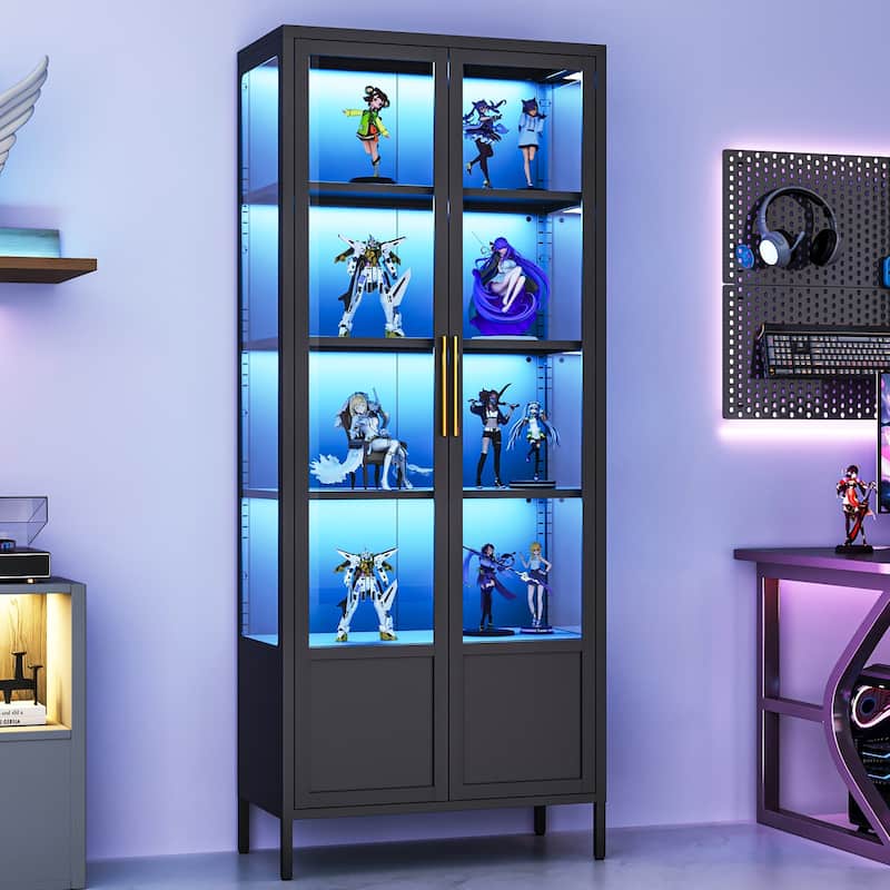 5-Tier Tempered Glass Curio Display Cabinet with Doors, Adjustable Shelves and 13 Color Lights - 67"H x 27.5"W x 13.8"D