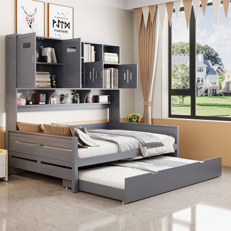 Full Size Wood Daybed with Built-in Storage Cabinet, Open Shelves & Twin Trundle Bed, Space-Saving Multi-Functional Frame
