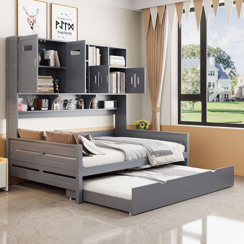 Full Size Wooden Daybed with Twin Trundle, Storage Cabinet & Shelves, Gray