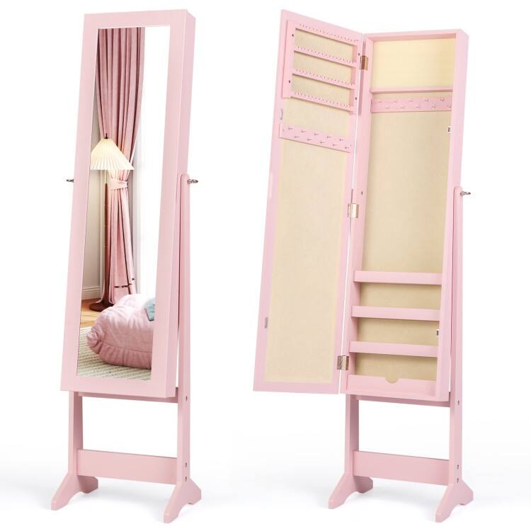 Mirrored Standing Jewelry Cabinet Storage Box - 13" x 14.5" x 56" (L x W x H)