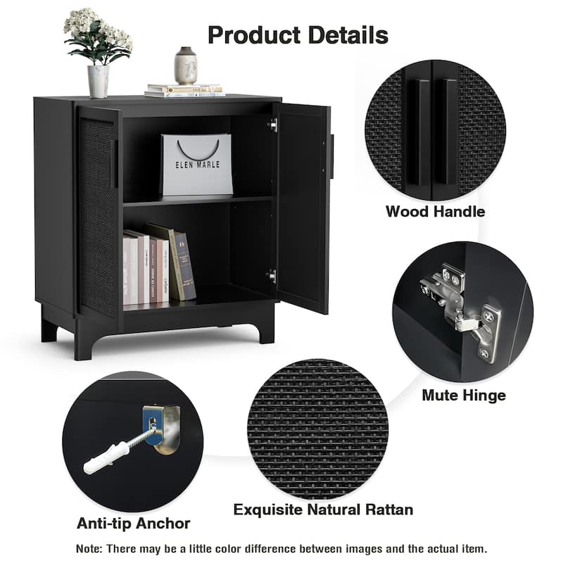 Anmytek Modern 2-Door Black Buffets Sideboards Rattan Kitchen Storage Cabinet with Adjustable Shelf - 31.5" W x 15.7" D x 35" H