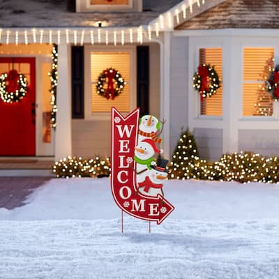 Glitzhome 35.75"H Metal Christmas Snowmen Arrow Welcome Yard Stake - Multi