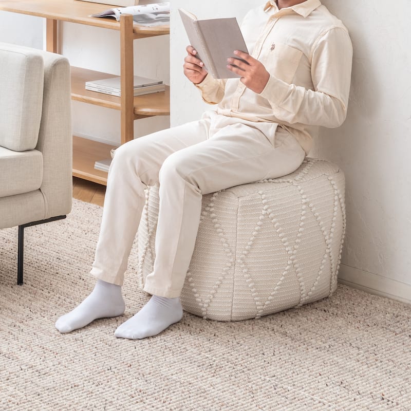 Jani Pouf Ottoman - Cotton-Blend Upholstery with Firm EPP Bead Filling - Footrest or Extra Seating for Living Room - Ivory