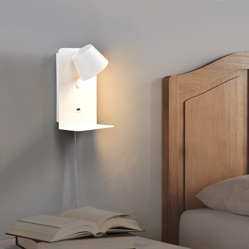 Modern Reading LED Wall Lamp with USB Charging Port Case - Indoor Wall Sconces Adjustable with Shelves for Living Room