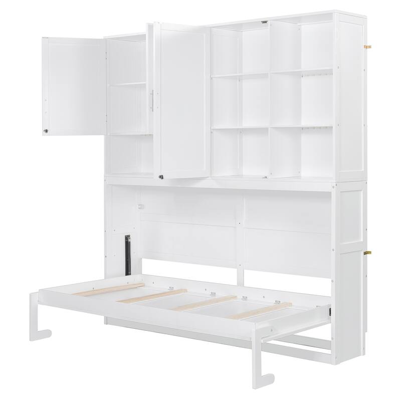 Cube Wall Cabinet Bed Space Saving Murphy Bed Foldable Wooden Bed with Top Cabinet and Light & USB, Twin Size Storage Daybed
