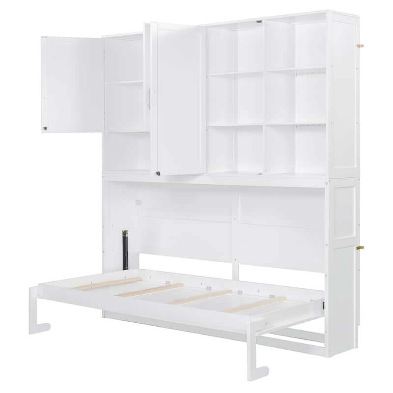 Twin/Full Size Murphy Bed Wall Bed with Top Cabinet, Shelves, Light, USB, and Storage, Space-Saving Foldable Design