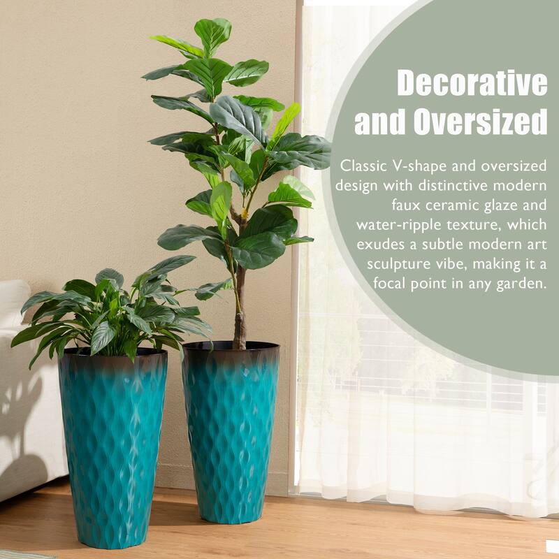 Glitzhome 23.75"H Set of 2 Oversized Wavy Texture Cobalt Blue/Turquoise/Red Tall Plastic Planter