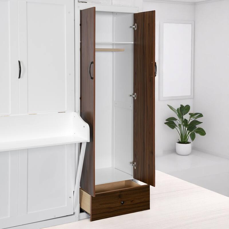 Full/Queen Murphy Wall Bed with Wardrobes, Drawers & Desk, Foldable White Bed with Storage and LED Light