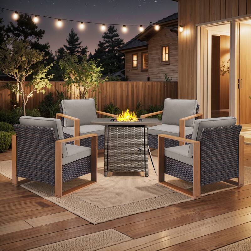 Pocassy Fire Pit Table with Outdoor Sofa Chair Ottoman Set - Brown Wicker Gray Cushion - 5-Piece Patio Chair with Suqare Fire Table