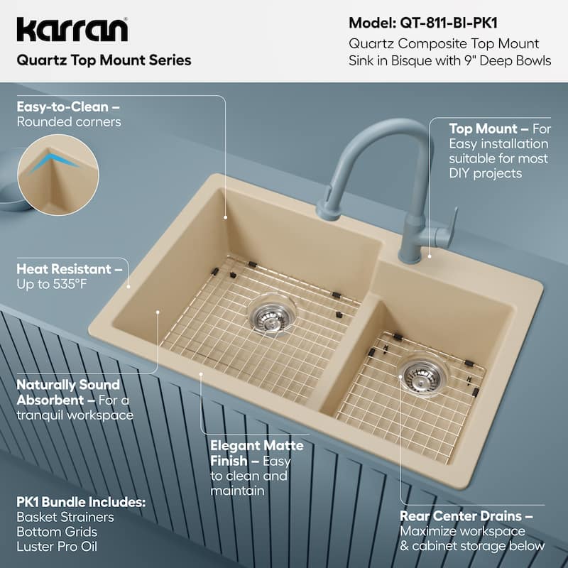 Karran 33" Top Mount Large/Small Bowl Quartz Kitchen Sink Kit - 33" x 22" x 9"