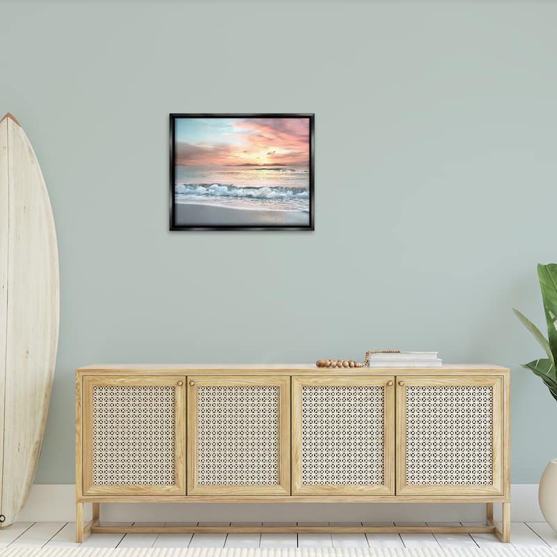 Stupell Morning Sunrise Beach Landscape Distant Mountains Rolling Tide Floater Frame - Orange