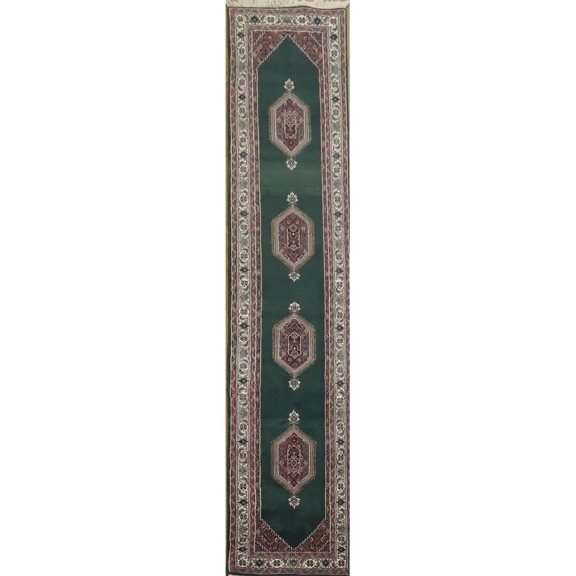 Hand Knotted Oriental 100% Wool Carpet Traditional Geometric Green Bidjar Runner Rug - 12' 0'' X 2' 7''