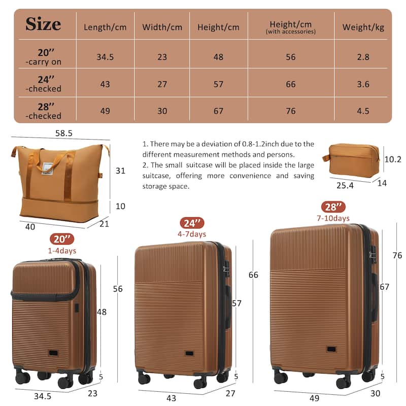 Luggage Sets 5 Piece with Half-opening, Hardside Carry On Suitcase Set with Double Spinner Wheel, with USB Port,TSA Locks